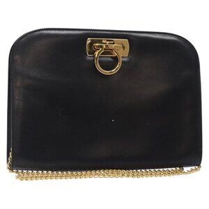 Authentic Salvatore Ferragamo Gancini Chain Shoulder Bag Leather Black Gold